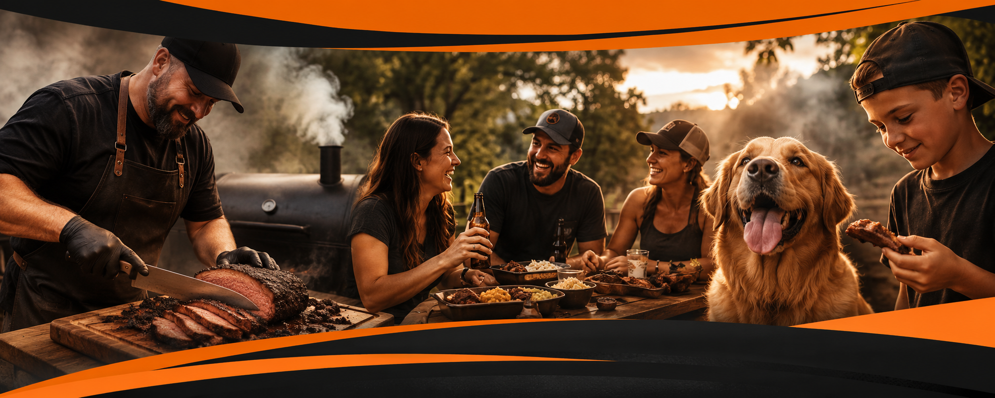 Pitmasters, friends, family, and a dog enjoying a backyard barbecue