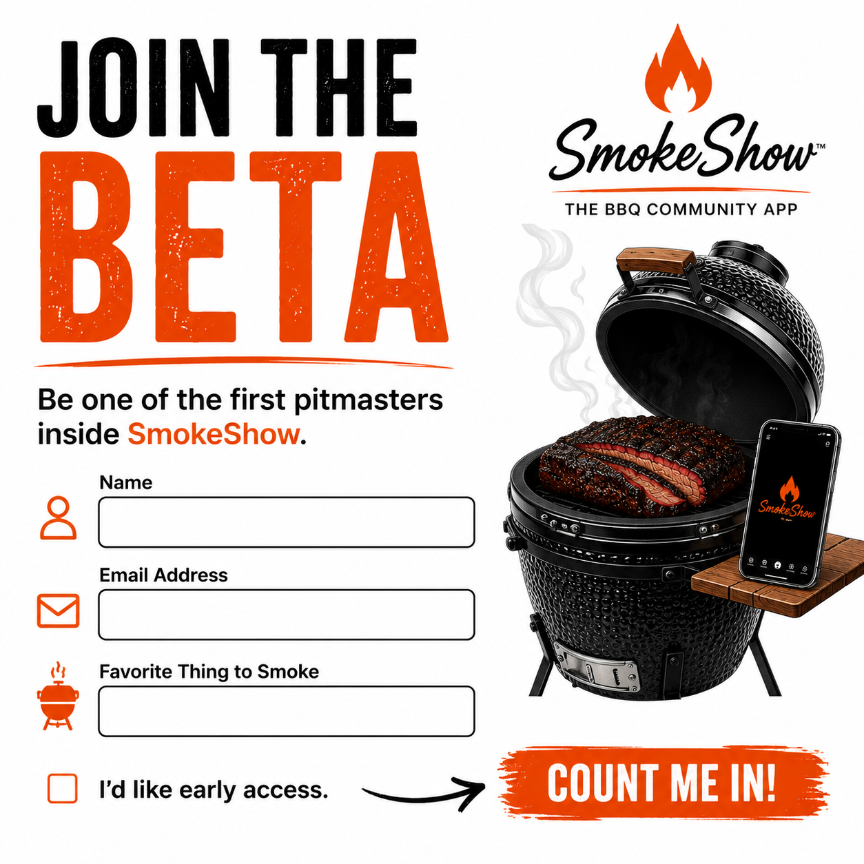 Join the SmokeShow beta invitation with a smoker and brisket