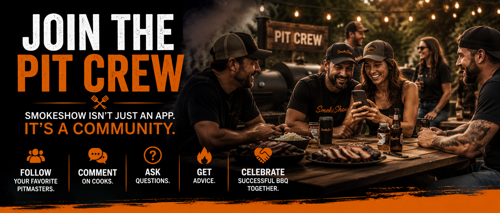 Join the Pit Crew community banner with BBQ fans gathering around smoked food