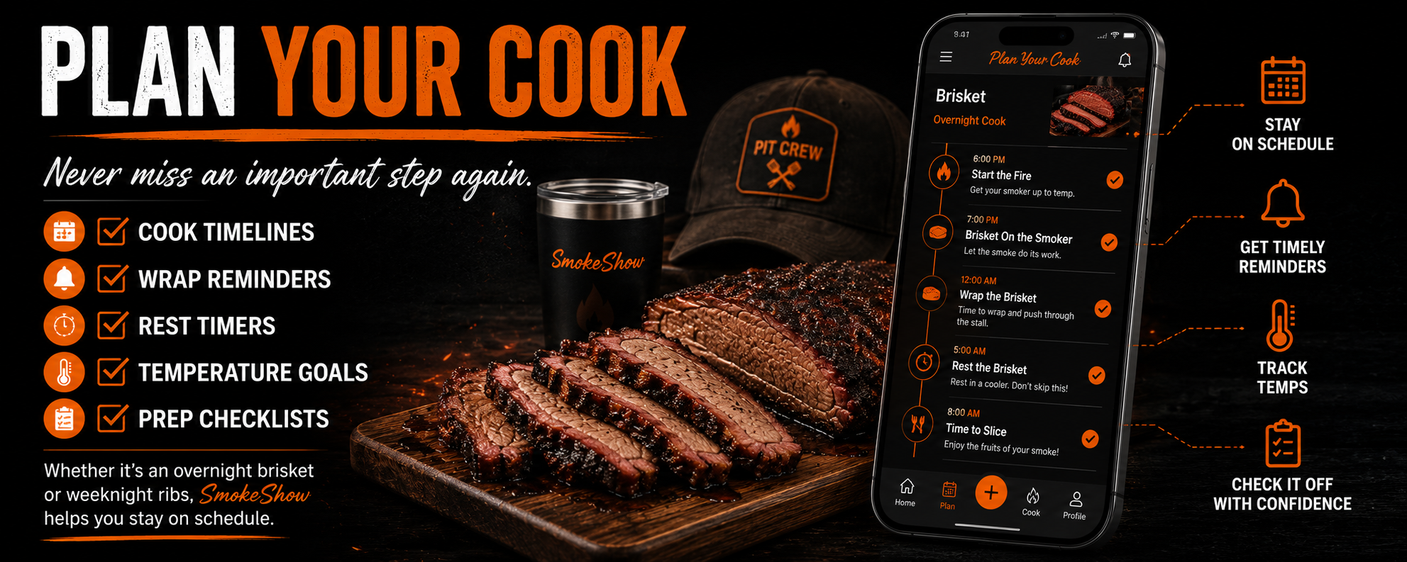 SmokeShow Plan Your Cook feature with brisket timeline, reminders, timers, temperature goals, and checklists