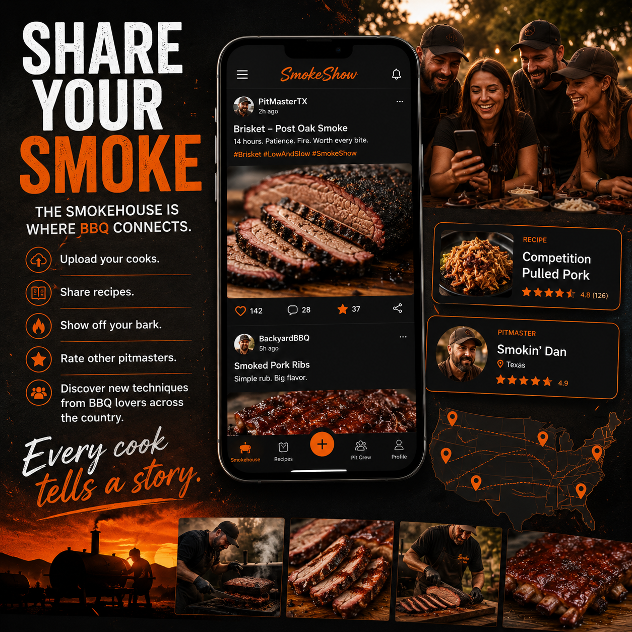 SmokeShow community feed showing barbecue posts, recipes, ratings, and pitmasters